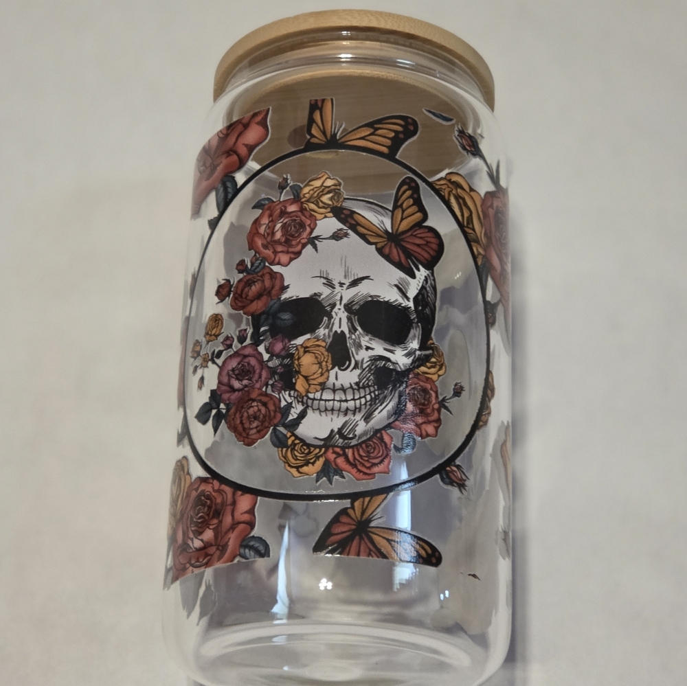 16oz Floral Skull Glass Can with Bamboo Lid